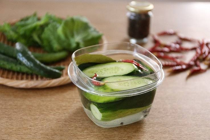 タッパーにきゅうりの乳酸発酵ピクルスが入っている