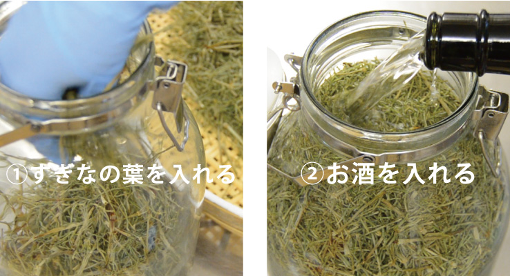 容器にすぎなの葉を入れる・お酒を入れる