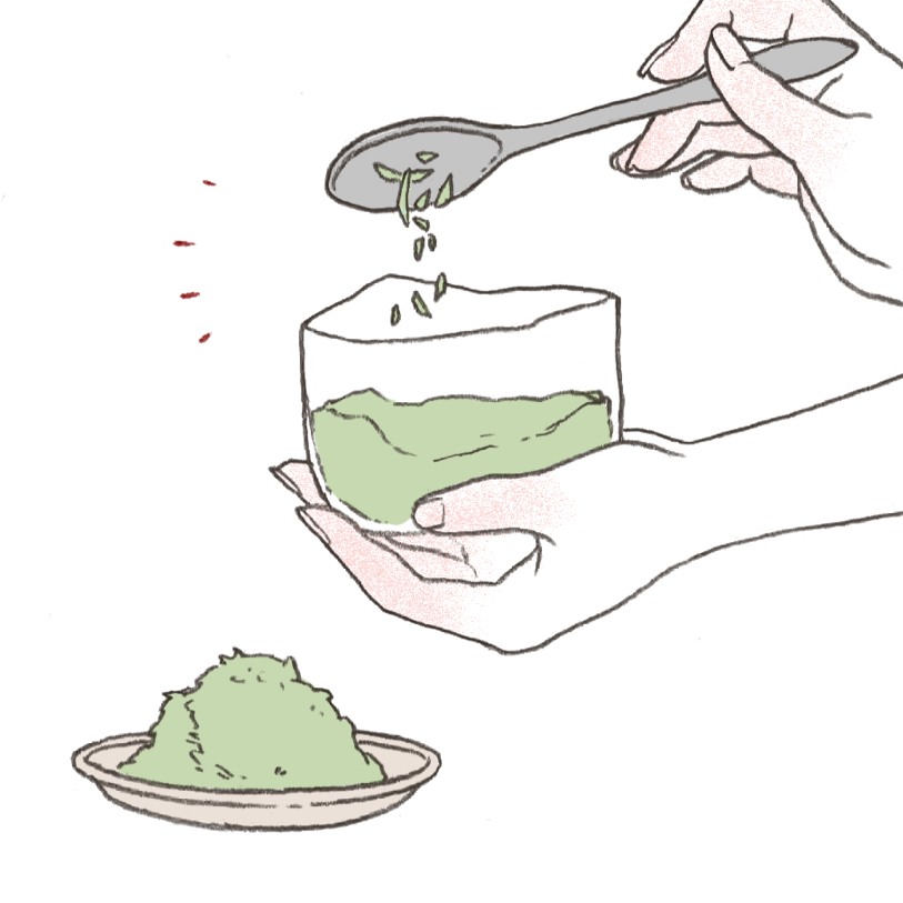 よもぎをパックに入れる