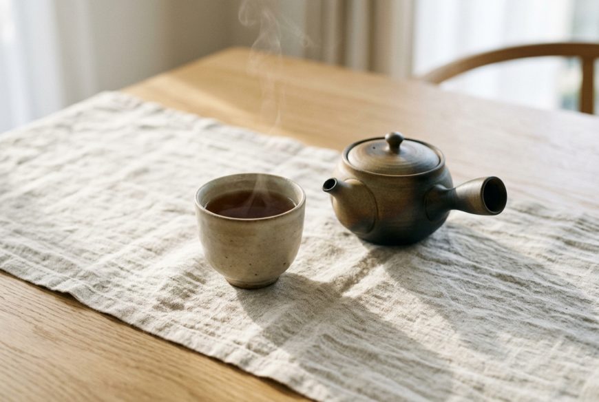 湯のみに注いだ黒豆茶と急須が置かれた、日常のお茶の時間のイメージ