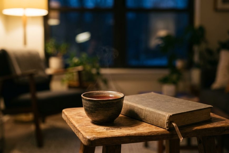 夜の部屋で湯のみ茶碗の黒豆茶を飲むイメージ