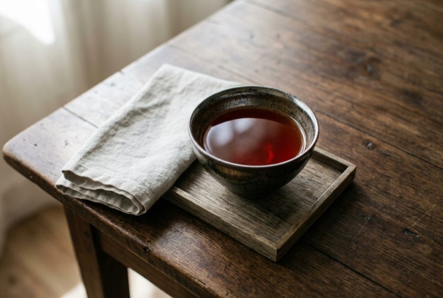 朝の食卓の湯のみに入った黒豆茶のイメージ