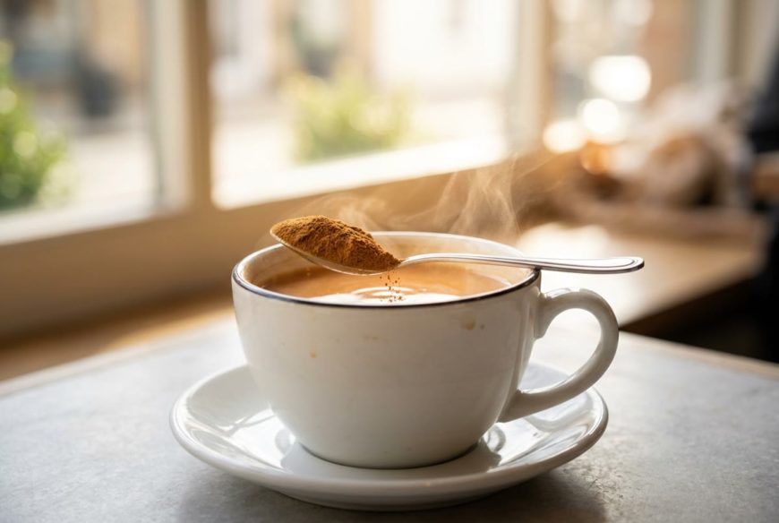 ミルクティーのカップの上で、小さじ1杯のシナモンパウダーをすくったところを真横から