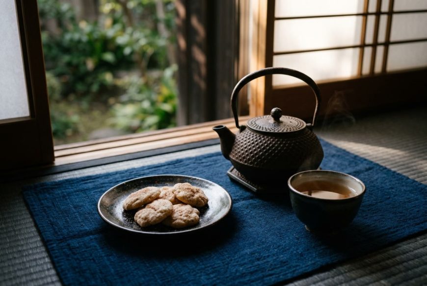 和の小皿にのせたシナモンクッキーと急須・湯のみのティータイム