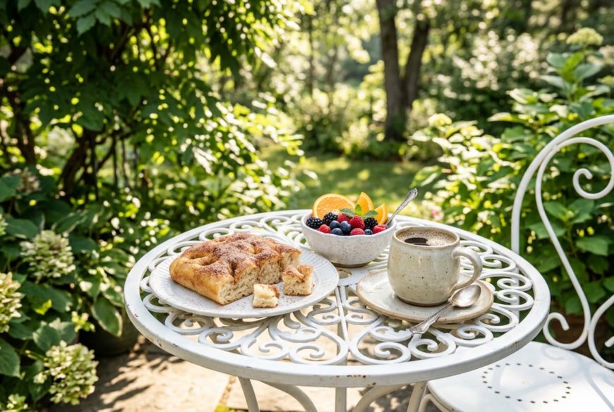 木漏れ日の中の屋外テーブルに並べた、シナモンフォカッチャとコーヒー、フルーツの朝食