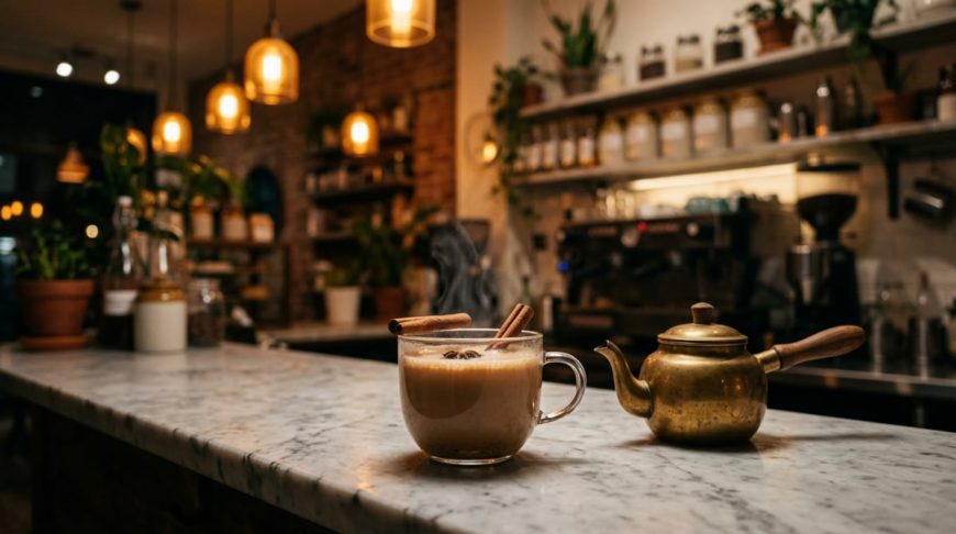 カフェのカウンターに置いた、シナモンスティックを添えたガラスのカップのチャイ